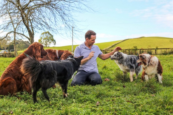 Dog trainer Darran Rowe sits in grass surrounded by dogs
