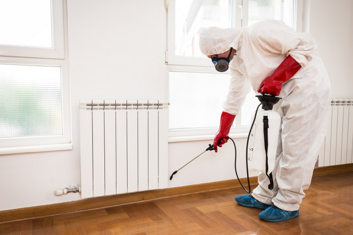 A man wearing a protective bodysuit sprays pesticide along the interior wall of a house