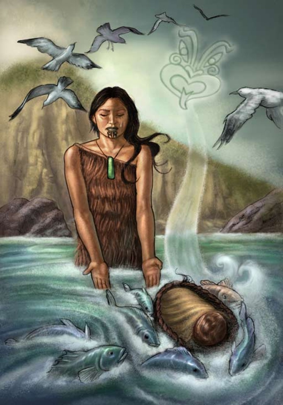 Illustration of Taranga putting baby Māui into the sea